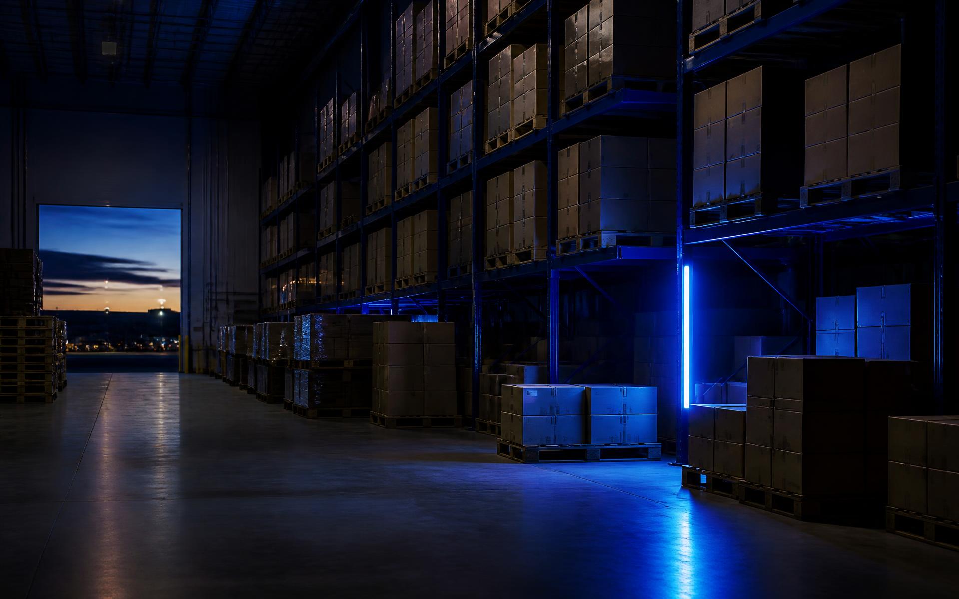 Distribution warehouse stocked with palletized cartons at dusk